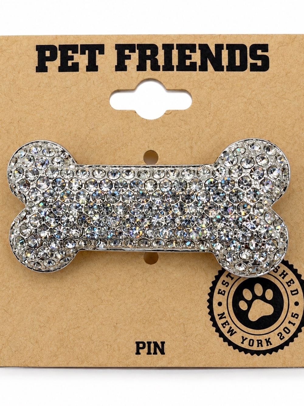 Pet Friends Rhinestone Crystal Bone Pin Silver Tone Sparkling Pet Lover Brooch